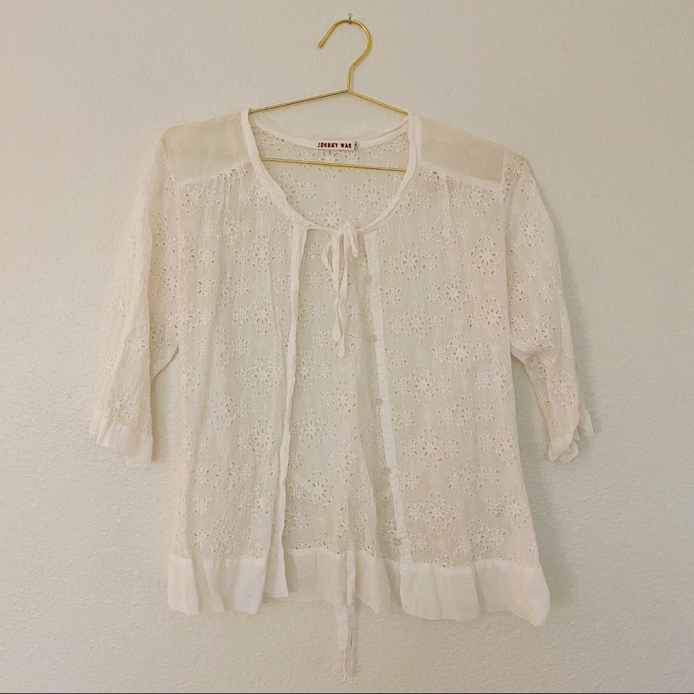 JOHNNY WAS Eyelet Floral Tie Blouse in White SZ M